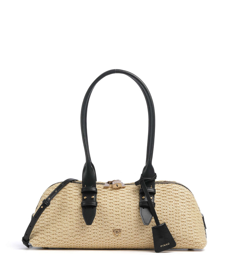 Pinko Bowling Horizontal Big Handbag raffia/bianco/antique gold
